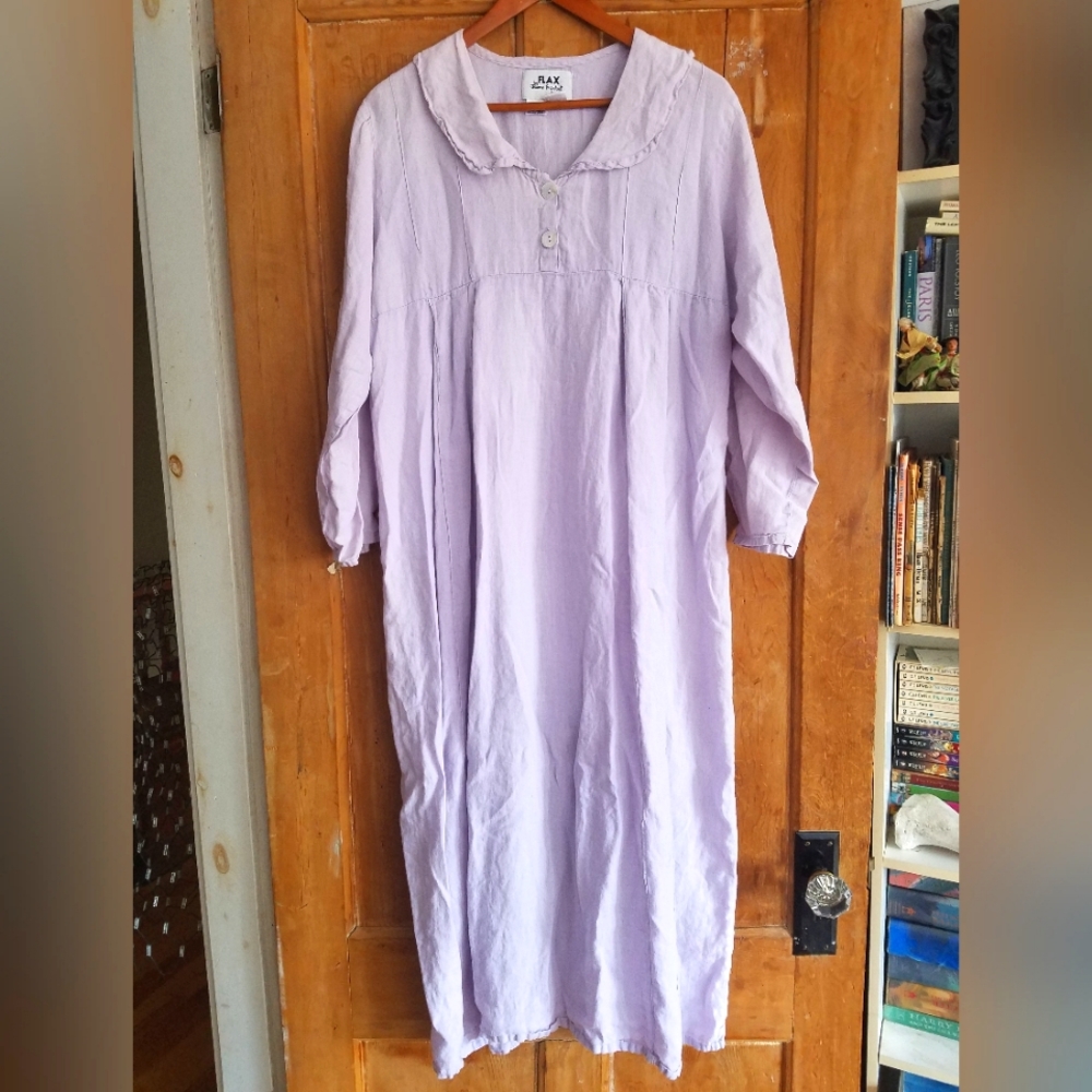 Lilac Flax Jeanne Engelhart 100% Linen collared long sleeve tunic dress Small